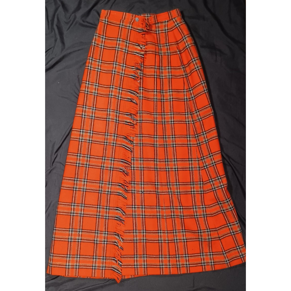 Vintage Plaid Virgin Wool Fringe Wrap Maxi Skirt Burnt Orange 6 Pendleton - Picture 2 of 9